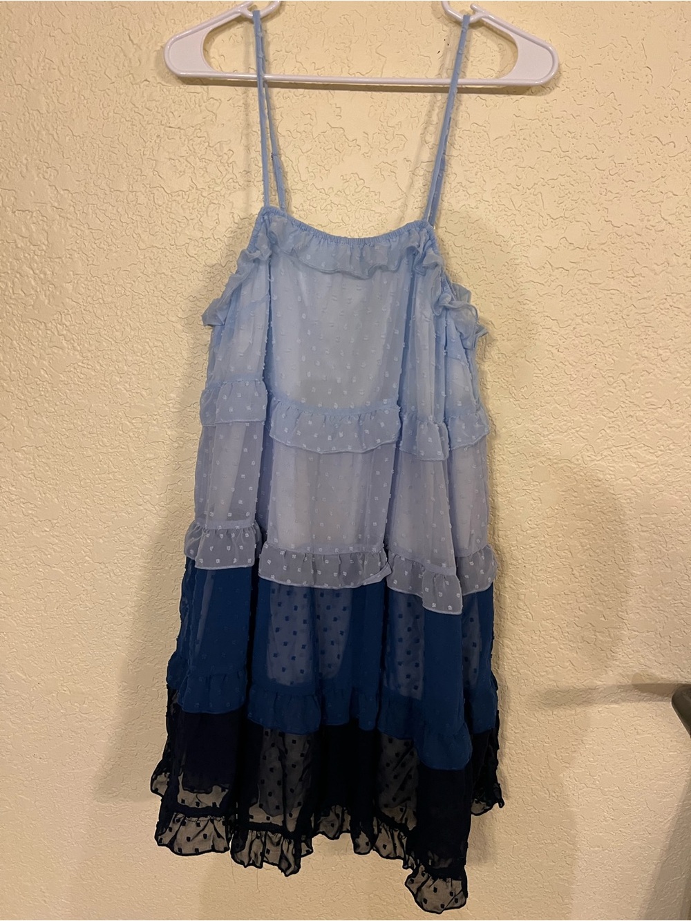 Tiered Swiss Dot Spaghetti Strap Dress in Light Blue to Black